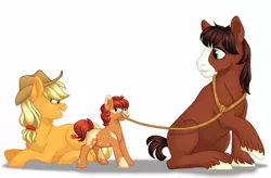 Size: 1600x1050 | Tagged: dead source, safe, artist:whisperseas, derpibooru import, applejack, trouble shoes, oc, oc:crab apple, earth pony, pony, blaze (coat marking), female, foal, freckles, hatless, lasso, male, mare, missing accessory, missing cutie mark, mouth hold, offspring, parent:applejack, parent:troubleshoes clyde, parents:troublejack, piebald coloring, prone, rope, shipping, short tail, sitting, stallion, straight, trio, troublejack, watermark