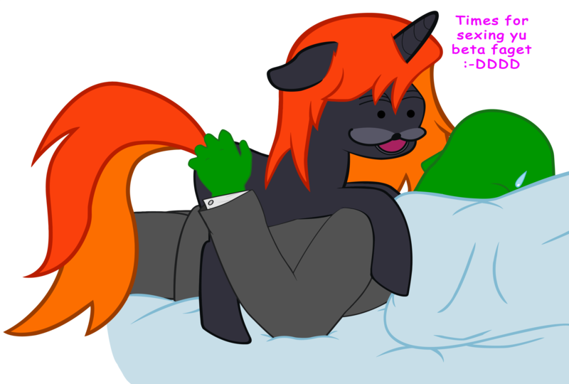 Size: 5000x3372 | Tagged: suggestive, artist:anonymous, derpibooru import, edit, oc, oc:anon, unofficial characters only, human, pony, unicorn, /pone/, 8chan, :d, absurd resolution, bed, benis, clothes, dialogue, floppy ears, human on pony action, implied sex, insult, interspecies, meme, spurdo spärde, suit