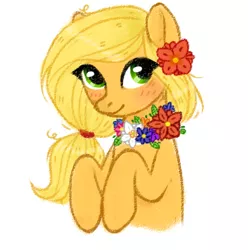 Size: 489x493 | Tagged: applejack, artist:wollieni, blushing, bust, derpibooru import, flower, flower in hair, flower necklace, missing accessory, portrait, safe, simple background, solo, white background