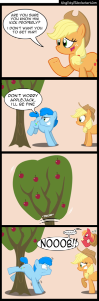 Size: 1050x3183 | Tagged: dead source, safe, artist:kingtoby19, derpibooru import, applejack, big macintosh, oc, earth pony, pony, applebucking, comic, crying, fail, groin attack, male, noob, scrunchy face, sidemouth, stallion, tears of pain, wide eyes