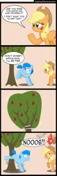 Size: 1050x3183 | Tagged: dead source, safe, artist:kingtoby19, derpibooru import, applejack, big macintosh, oc, earth pony, pony, applebucking, comic, crying, fail, groin attack, male, noob, scrunchy face, sidemouth, stallion, tears of pain, wide eyes