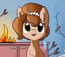 Size: 1037x907 | Tagged: safe, artist:tjpones, derpibooru import, edit, editor:dsp2003, oc, oc:brownie bun, unofficial characters only, cute, duct tape, female, fire, kitchen, open mouth, property damage, solo, textless