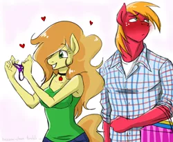 Size: 1280x1054 | Tagged: anthro, applecest, artist:hasana-chan, big macintosh, blushing, braeburn, braemac, clothes, collar, derpibooru import, duo, female, heart, incest, male, panties, purple underwear, safe, shipping, shopping, straight, tanktop, thong, transgender, trans girl, underwear