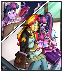 Size: 1512x1731 | Tagged: safe, artist:namygaga, derpibooru import, sci-twi, sunset shimmer, twilight sparkle, twilight sparkle (alicorn), equestria girls, backpack, counterparts, female, lesbian, love triangle, magazine, magic, magical trio, quill, scitwishimmer, shipping, sunset twiangle, sunsetsparkle, twilight's counterparts, twolight