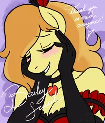 Size: 600x700 | Tagged: anthro, artist:hasana-chan, bailey sweet, blushing, braeburn, bust, cleavage, clothes, collar, corset, derpibooru import, evening gloves, female, gloves, portrait, rule 63, safe, solo, transgender, trans girl