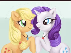 Size: 1763x1320 | Tagged: safe, artist:speedlimit-infinity, derpibooru import, applejack, rarity, friendship is witchcraft, applesack, charity, cutie mark necklace, female, lesbian, necklace, rarijack, shipping