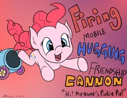 Size: 792x612 | Tagged: artist:brightsparkdev, derpibooru import, incoming hug, party cannon, pinkie pie, pony cannonball, safe, solo