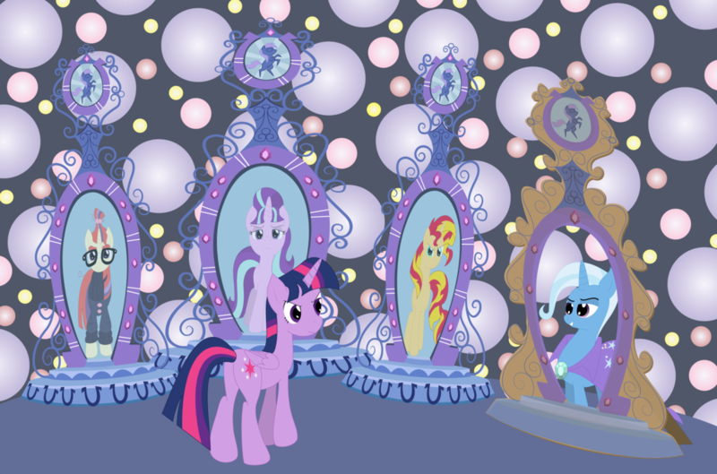 Size: 1024x677 | Tagged: safe, artist:muddy-waters, derpibooru import, moondancer, starlight glimmer, sunset shimmer, trixie, twilight sparkle, twilight sparkle (alicorn), alicorn, pony, unicorn, counterparts, magic mirror, magical quintet, twilight's counterparts