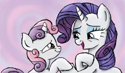 Size: 1024x600 | Tagged: artist:muddy-waters, blushing, crusaders of the lost mark, derpibooru import, rarity, safe, smiling, sweetie belle