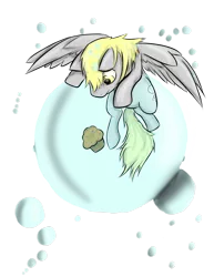 Size: 1024x1325 | Tagged: safe, artist:dracokrawl, derpibooru import, derpy hooves, pegasus, pony, bubble, female, food, mare, muffin, solo