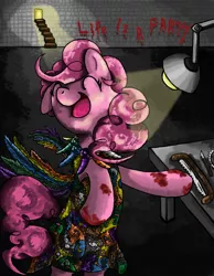 Size: 900x1160 | Tagged: grimdark, artist:mechawaffle, derpibooru import, pinkie pie, earth pony, pony, fanfic:cupcakes, cutie mark, cutie mark dress, solo