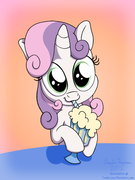 Size: 1024x1365 | Tagged: artist:sketchinetch, cute, derpibooru import, diasweetes, milkshake, one bad apple, safe, scene interpretation, solo, sweetie belle