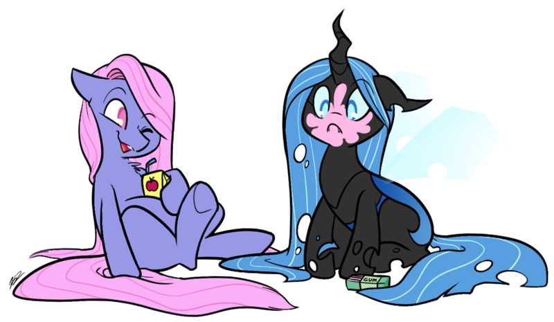 Size: 1102x640 | Tagged: safe, artist:egophiliac, derpibooru import, changeling queen oc, oc, oc:nepenthe, unofficial characters only, changeling, changeling queen, earth pony, nymph, pony, blue changeling, bubblegum, colt, cross-eyed, cute, cuteling, fangs, female, filly, foal, food, gum, juice, juice box, laughing, male