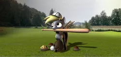 Size: 1573x746 | Tagged: safe, artist:hectorny, derpibooru import, derpy hooves, pegasus, pony, 3d, baseball, baseball bat, baseball cap, baseball glove, daz studio, female, food, hat, mare, muffin, solo