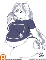 Size: 892x1155 | Tagged: safe, artist:nekocrispy, derpibooru import, oc, oc:hot fudge, unofficial characters only, anthro, unicorn, bbw, belly, belly button, fat, food, ice cream, monochrome, obese, patreon, patreon logo, solo
