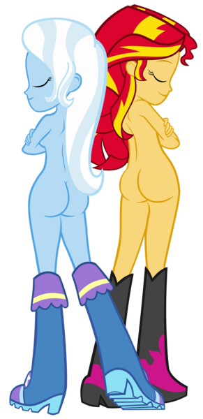 Size: 2422x5000 | Tagged: questionable, artist:pinkiespartygirl, derpibooru import, edit, vector edit, sunset shimmer, trixie, equestria girls, ass, boots, bunset shimmer, clothes, female, females only, humanized, nude edit, nudity, shoes, shoes only, show accurate, the great and powerful ass, vector