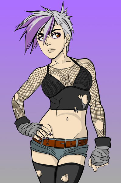 Size: 1600x2415 | Tagged: safe, artist:pagangreen, derpibooru import, gilda, human, belly button, belt, breasts, clothes, daisy dukes, female, fingerless gloves, fishnet clothing, gloves, gradient background, hand on hip, humanized, image, midriff, nail polish, png, shorts, socks, solo, thigh highs, vest