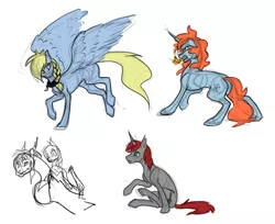 Size: 1280x1044 | Tagged: safe, artist:jykinturah, deleted from derpibooru, derpibooru import, oc, oc:feather sigil, oc:fickle dissonance, oc:gin, oc:windswept skies, unofficial characters only, alicorn, bat pony, bat pony alicorn, dragon, pegasus, pony, unicorn, braid, charm, collar, femboy, firebreathing, male, simple background, stallion, white background, wings