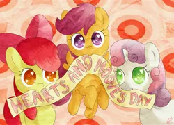 Size: 5555x4000 | Tagged: safe, artist:kawaiicutie-chan, derpibooru import, apple bloom, scootaloo, sweetie belle, absurd resolution, adorabloom, banner, cute, cutealoo, cutie mark crusaders, diasweetes, heart eyes, hearts and hooves day, mouth hold, wingding eyes