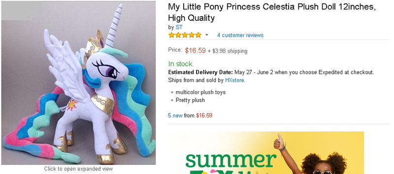 Size: 946x418 | Tagged: advertisement, amazon.com, artist:onlyfactory, bootleg, derpibooru import, irl, photo, plushie, princess celestia, printheth thun, safe