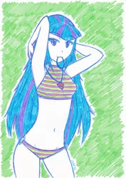 Size: 2476x3492 | Tagged: suggestive, artist:dragonemperror2810, derpibooru import, sonata dusk, equestria girls, armpits, belly button, bikini, breasts, clothes, long hair, looking at you, solo, swimsuit