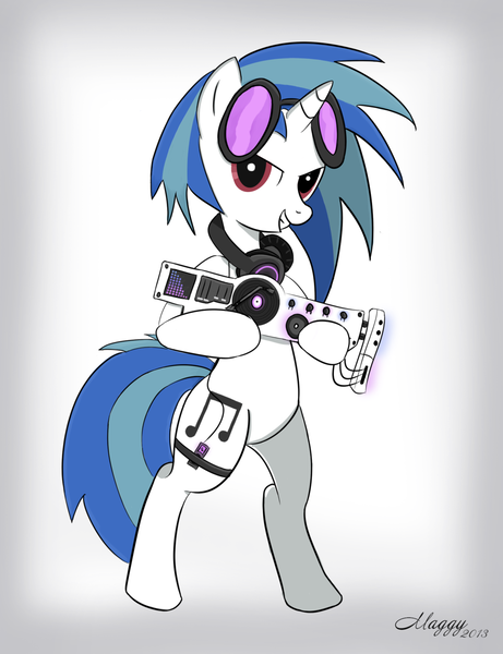 Size: 1024x1332 | Tagged: safe, artist:nevobaster, derpibooru import, vinyl scratch, pony, unicorn, bipedal, dubstep gun, female, gun, headphones, hooves, horn, mare, saints row, saints row iv, smiling, solo, sunglasses, teeth, weapon