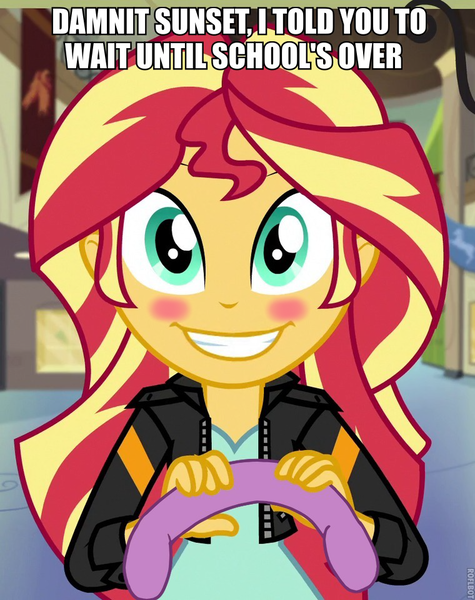 Size: 760x960 | Tagged: questionable, derpibooru import, edit, edited screencap, editor:fuckedupeditlol, screencap, sunset shimmer, equestria girls, 5 minute edit, blushing, caption, dildo, imminent sex, implied lesbian, implied sunsetsparkle, implied twilight sparkle, sex toy