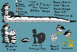 Size: 6000x4000 | Tagged: absurd resolution, artist:metalaura, cobra, derpibooru import, fangs, feather, lamia, male, monster pony, oc, oc:zetani, original species, reference sheet, safe, sharp teeth, snake, snake eyes, stallion, stripes, unofficial characters only, zebra