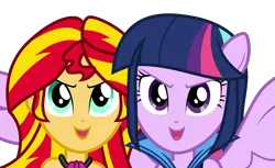 Size: 12350x7548 | Tagged: safe, artist:decprincess, derpibooru import, sunset shimmer, twilight sparkle, twilight sparkle (alicorn), equestria girls, rainbow rocks, absurd resolution, duo, microphone, ponied up, simple background, transparent background, vector