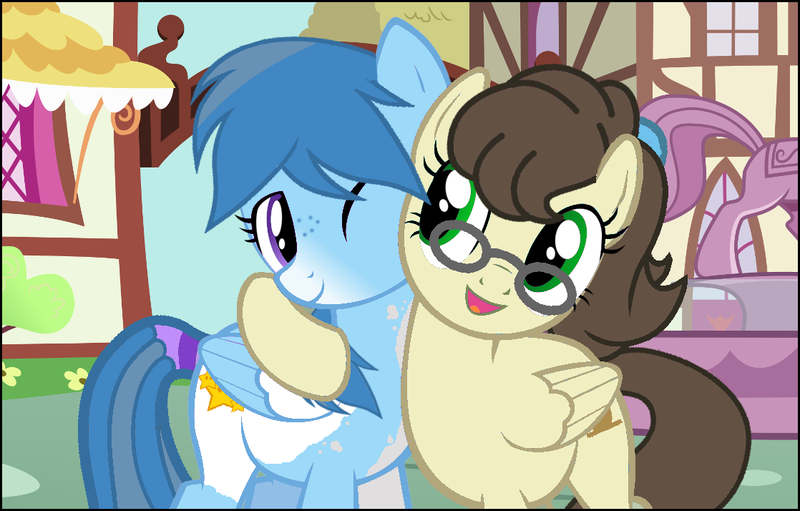 Size: 1118x714 | Tagged: safe, artist:wish, derpibooru import, oc, oc:arta, oc:wish, unofficial characters only, pegasus, pony, cute, female, glasses, hug, mare, one eye closed, tail wrap, vector, wink