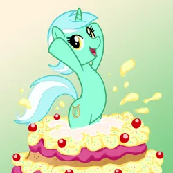 Size: 1000x1000 | Tagged: safe, artist:madmax, derpibooru import, lyra heartstrings, pony, unicorn, bipedal, cake, food, pop out cake, smiling, solo