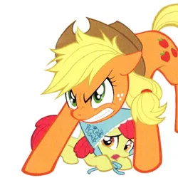 Size: 540x540 | Tagged: angry, apple bloom, applejack, artist:akira himekawa, behaving like a dog, big sister instinct, bonnet, cowering, cropped, cute, derpibooru import, determined, gritted teeth, mama bear, manga, official, protecting, safe, scared