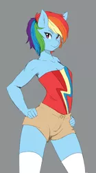 Size: 1280x2287 | Tagged: anthro, artist:onion-hime, breasts, clothes, delicious flat chest, derpibooru import, female, rainbow dash, rainbow flat, safe, shorts, socks, solo, thigh highs, zettai ryouiki