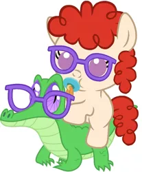 Size: 786x947 | Tagged: safe, artist:red4567, derpibooru import, gummy, twist, pony, baby, baby pony, cute, glasses, pacifier, ponies riding gators, riding, twistabetes, weapons-grade cute
