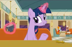 Size: 2125x1385 | Tagged: safe, derpibooru import, screencap, beaude mane, joan pommelway, twilight sparkle, twilight sparkle (alicorn), alicorn, earth pony, pony, the saddle row review, background pony, cafe, discovery family logo, female, glowing horn, joan holloway, levitation, magic, magic aura, male, mare, stallion, teacup, telekinesis