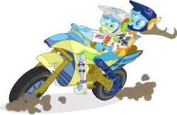 Size: 1625x1061 | Tagged: safe, artist:punzil504, derpibooru import, beauty brass, fiddlesticks, equestria girls, friendship games, apple family member, clothes, duo, dust, equestria girls-ified, fiddlebrass, helmet, motorcross, motorcycle, open mouth, riding, simple background, transparent background, vector, visor