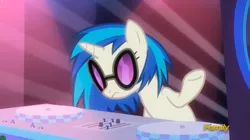 Size: 2349x1313 | Tagged: safe, derpibooru import, screencap, vinyl scratch, pony, unicorn, the saddle row review, discovery family logo, female, mare, shrug, solo, sunglasses, turntable