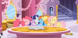 Size: 2325x1157 | Tagged: safe, derpibooru import, screencap, applejack, fluttershy, pinkie pie, rainbow dash, rarity, twilight sparkle, twilight sparkle (alicorn), alicorn, pony, the saddle row review, discovery family logo, female, group hug, mane six, mare