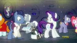 Size: 1920x1080 | Tagged: safe, derpibooru import, screencap, diamond cutter, joan pommelway, pacific glow, rarity, roger silvermane, smoky, sterling silver, waxton, earth pony, pony, raccoon, unicorn, the saddle row review, apron, blue corn reduction with shallot confit, clothes, discovery family logo, female, joan holloway, male, mare, not pinkie pie, roger sterling, stallion, waiter