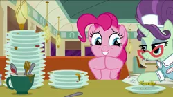 Size: 1920x1080 | Tagged: bill, check, derpibooru import, discovery family logo, lucky breaks, pinkie pie, plate, restaurant, safe, screencap, sweet service, the saddle row review, waitress