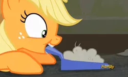 Size: 728x437 | Tagged: applejack, derpibooru import, discovery family logo, dust, dustpan, mouth hold, safe, screencap, solo, the saddle row review