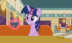 Size: 728x437 | Tagged: safe, derpibooru import, screencap, beaude mane, joan pommelway, twilight sparkle, twilight sparkle (alicorn), alicorn, pony, the saddle row review, background pony, cafe, discovery family logo, female, joan holloway, levitation, magic, magic aura, male, mare, stallion, teacup, telekinesis