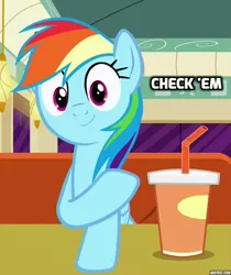 Size: 644x767 | Tagged: check em, derpibooru import, drink, edit, edited screencap, image macro, meme, rainbow dash, safe, screencap, solo, text, the saddle row review