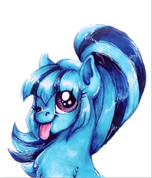 Size: 665x777 | Tagged: safe, artist:buttersprinkle, derpibooru import, sonata dusk, ponified, equestria girls, :p, bust, cute, equestria girls ponified, fluffy, looking at you, portrait, simple background, smiling, solo, tongue out, traditional art, white background, wink