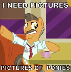 Size: 930x942 | Tagged: safe, derpibooru import, edit, edited screencap, screencap, buried lede, earth pony, pony, the saddle row review, caption, coffee, facial hair, full circle, j. jonah jameson, male, moustache, necktie, solo, stallion, window