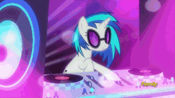 Size: 500x281 | Tagged: safe, derpibooru import, screencap, azure velour, flashdancer, pacific glow, vinyl scratch, earth pony, pony, unicorn, the saddle row review, :o, animated, backbend, bipedal, butt shake, club pony party palace, dance floor, dancing, discovery family logo, female, flank spin, hooves up, mare, not pinkie pie, pacifier, party, plot, smiling, speaker, tail twirl, turntable