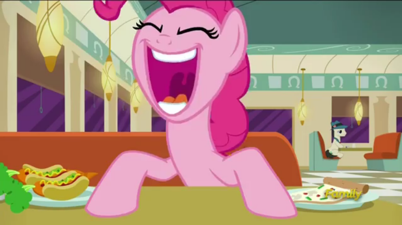 Size: 853x479 | Tagged: carrot, carrot dog, derpibooru import, discovery family logo, eyes closed, food, open mouth, pinkie pie, pizza, restaurant, safe, screencap, the saddle row review