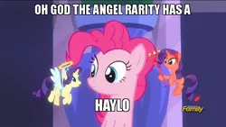 Size: 800x450 | Tagged: angel rarity, derpibooru import, devil rarity, discovery family logo, edit, edited screencap, hay, haylo, horse puns, image macro, meme, pinkie pie, pun, rarity, safe, screencap, shoulder angel, shoulder devil, the saddle row review, visual pun