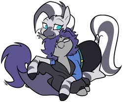 Size: 900x747 | Tagged: safe, artist:egophiliac, derpibooru import, oc, oc:dusk rhine, oc:zuri, unofficial characters only, bat pony, pony, zebra, 2020 community collab, derpibooru community collaboration, adorkable, clothes, couple, cuddling, cute, dork, duo, duri, eyes closed, fangs, female, glasses, happy, hoodie, hug, male, simple background, skirt, smiling, snuggling, straight, transparent background