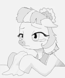 Size: 504x608 | Tagged: artist:etech, coco pommel, cold, derpibooru import, floppy ears, grayscale, monochrome, runny nose, safe, scene interpretation, sick, solo, teary eyes, the saddle row review, tissue